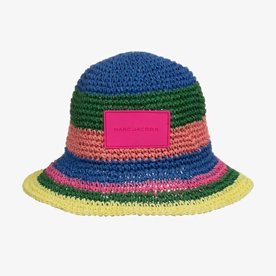 Shop Marc Jacobs Girls Blue & Pink Stripe Straw Logo Hat