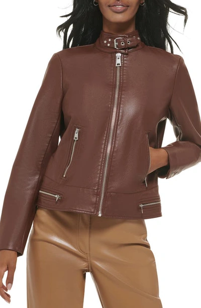 Shop Levi's Faux Leather Racer Jacket In Chocolate Brown