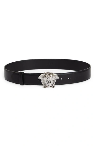 Shop Versace Medusa Head Leather Belt In Black/ Palladium