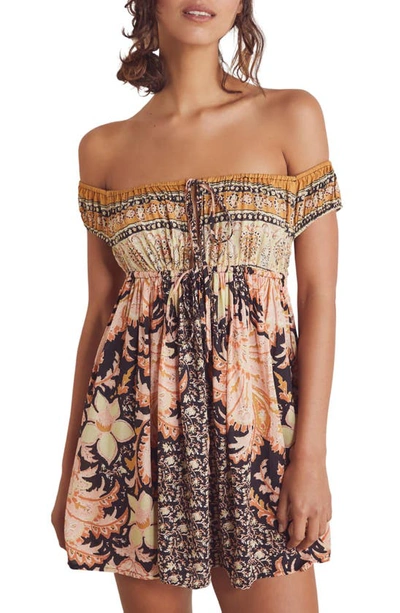 Shop Free People Bali Mariposa Off-the-shoulder Babydoll Dress In Black Combo