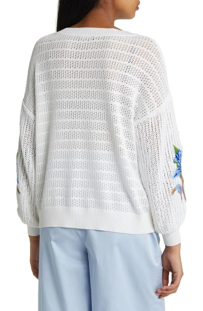 Shop Misook Embroidered Pointelle Sweater In Wht/ Sky/ Mul