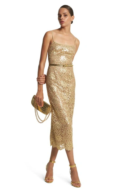 Michael Kors Laminated Lace Midi Slip Dress In 710 Gold