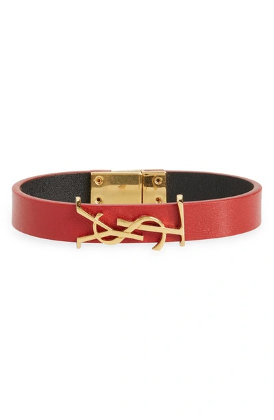 Shop Saint Laurent Ysl Leather Bracelet In Rouge Eros