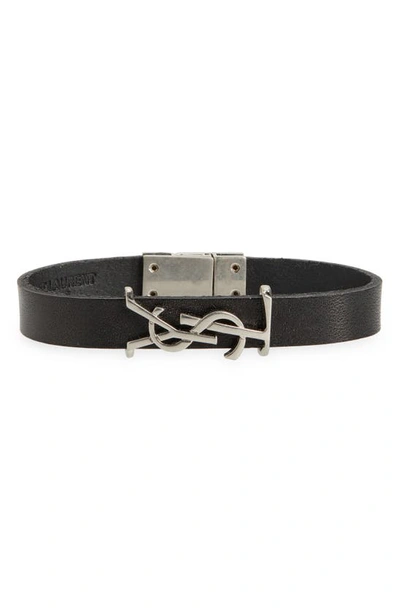 Shop Saint Laurent Ysl Leather Bracelet In Nero