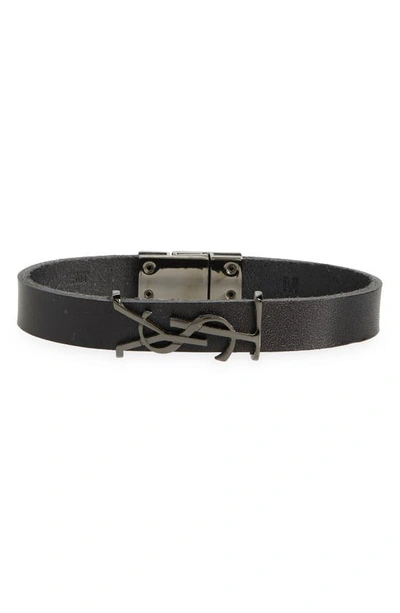 Shop Saint Laurent Ysl Leather Bracelet In Nero