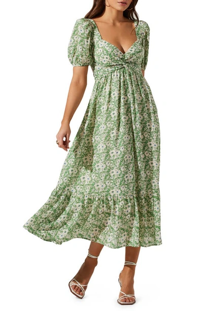 Shop Astr Tie Back Puff Sleeve Midi Dress In Green Blue Floral