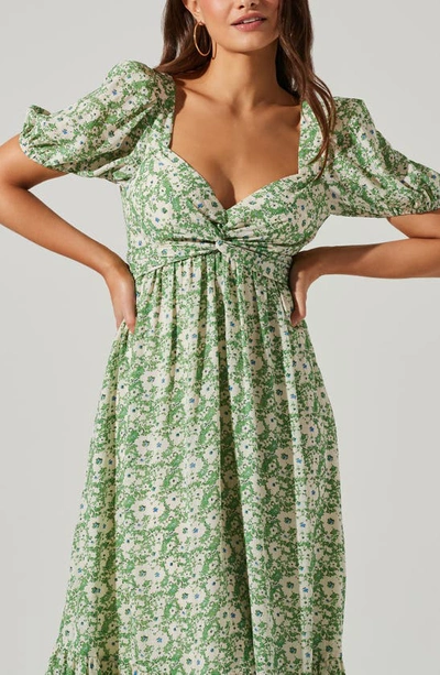 Shop Astr Tie Back Puff Sleeve Midi Dress In Green Blue Floral