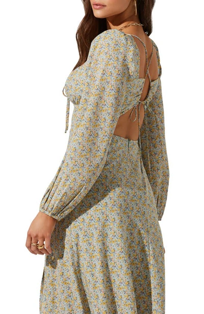 Shop Astr Floral Print Long Sleeve Back Cutout Midi Dress In Blue Yellow Ditsy