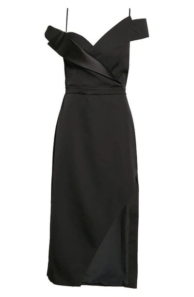 Shop Alexander Mcqueen Crisp Asymmetric Off The Shoulder Wool Midi Dress In 1000 Black