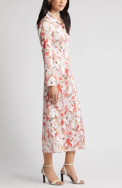 Shop Ming Wang Watercolor Floral Long Sleeve Crêpe De Chine Shirtdress In Sunkissed Coral/ Multi