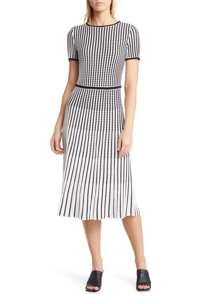 Ming Wang Grid Stripe Flare Knit Dress In White/ Black