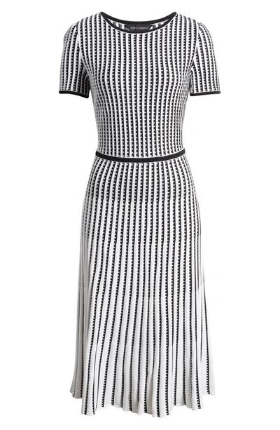 Ming Wang Grid Stripe Flare Knit Dress In White/ Black