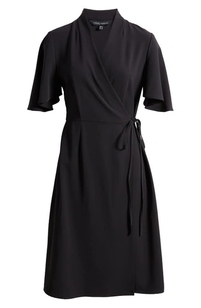 Shop Ming Wang Butterfly Sleeve Crêpe De Chine Wrap Dress In Black