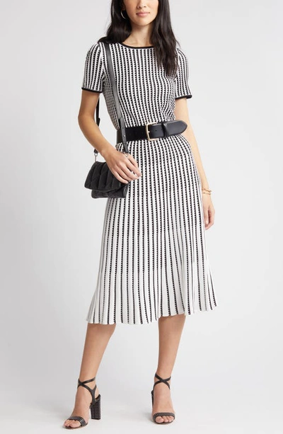Ming Wang Grid Stripe Flare Knit Dress In White/ Black