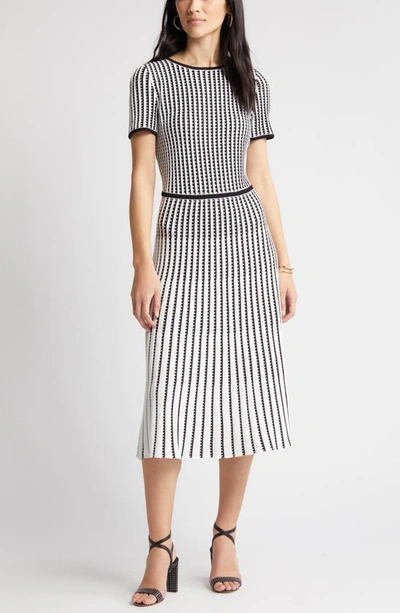 Ming Wang Grid Stripe Flare Knit Dress In White/ Black