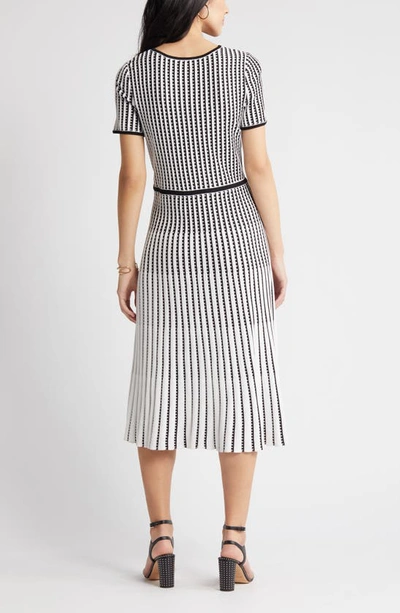 Shop Ming Wang Grid Stripe Flare Knit Dress In White/ Black