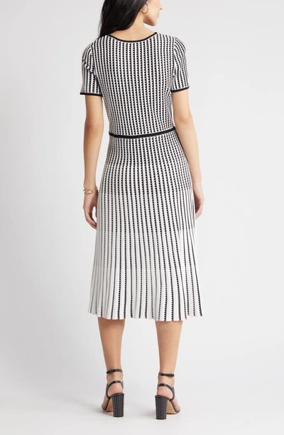Ming Wang Grid Stripe Flare Knit Dress In White/ Black