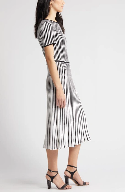 Ming Wang Grid Stripe Flare Knit Dress In White/ Black