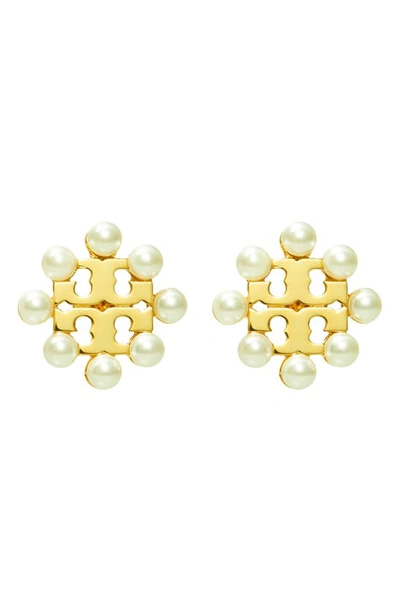 Shop Tory Burch Kira Imitation Pearl Stud Earrings In Tory Gold / Cream
