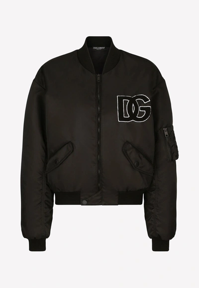 Dolce & Gabbana Dg Logo Patch Bomber Jacket In Black