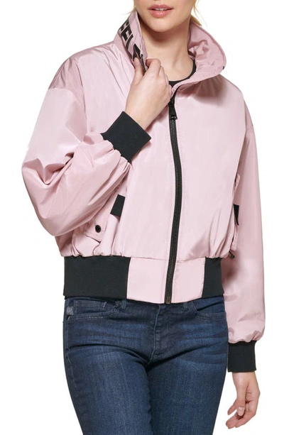 Shop Karl Lagerfeld Raglan Sleeve Stand Collar Bomber Jacket In Blush