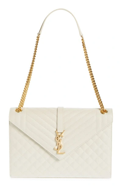 Shop Saint Laurent Large Envelope Calfskin Shoulder Bag In Crema Soft