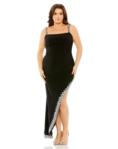 Shop Mac Duggal Asymmetrical Embellished Hem Line Gown In Black