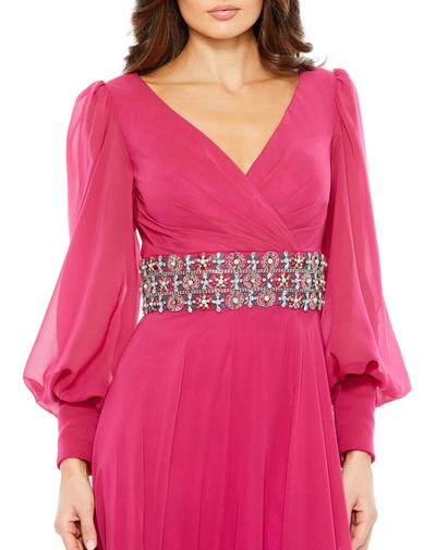 Shop Mac Duggal Bishop Sleeve Wrap Over Belt Detail Flowy Gown In Cranberry