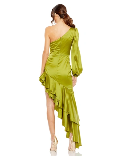 Mac Duggal One-shoulder Ruffle Charmeuse Long Sleeve Cocktail Dress In Apple Green