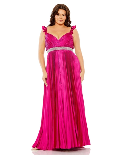 Shop Mac Duggal Embellished Waist Flutter Sleeve Pleated Gown In Magenta
