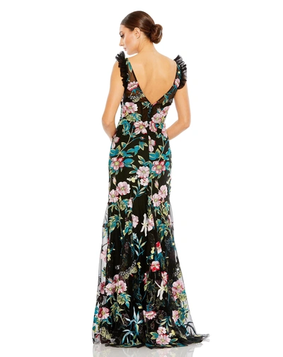 Mac Duggal Embroidered Floral Plunge Neck Trumpt Gown In Black Multi