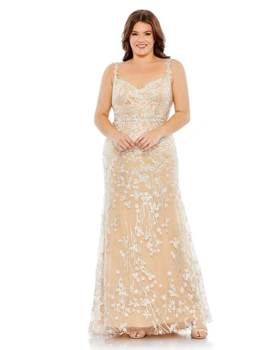 Shop Mac Duggal Embroidered Floral Spaghetti Strap Trumpet Gown In Nude