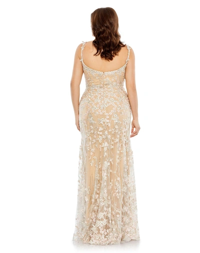 Shop Mac Duggal Embroidered Floral Spaghetti Strap Trumpet Gown In Nude