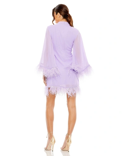 Shop Mac Duggal High Neck Cape Sleeve Mini Dress With Feather Trim In Lilac