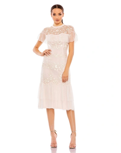 Shop Mac Duggal High Neck Mesh Tier Embroidered Dress In Blush