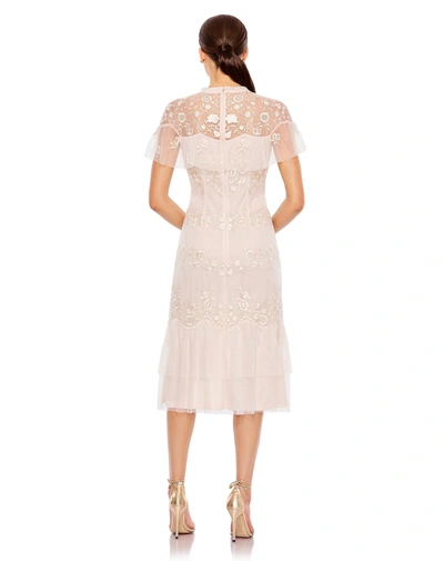 Shop Mac Duggal High Neck Mesh Tier Embroidered Dress In Blush