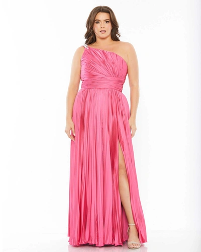 Shop Mac Duggal One Shoulder Embellished Pleated Sleeveless Gown In Hot Pink