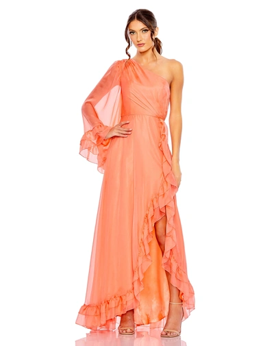 Shop Mac Duggal One Sleeve Ruffled Hem Gown In Light Coral