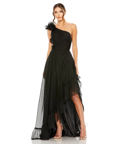 Shop Mac Duggal Ruffled One Shoulder Asymmetrical Gown In Black