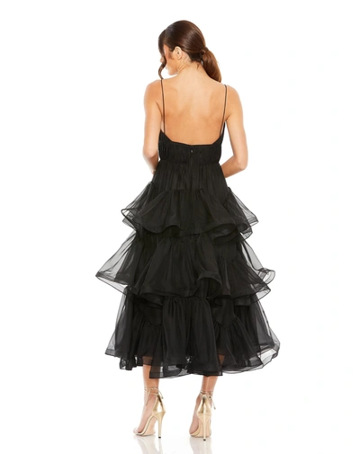Mac Duggal V Neck Tiered Ruffle Midi Dress In Black