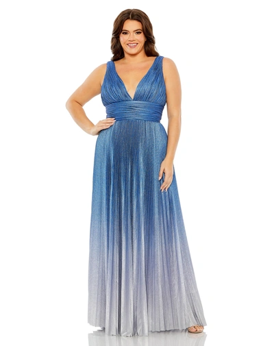 Shop Mac Duggal V-neck Ombre Pleated Gown In Sapphire Ombre