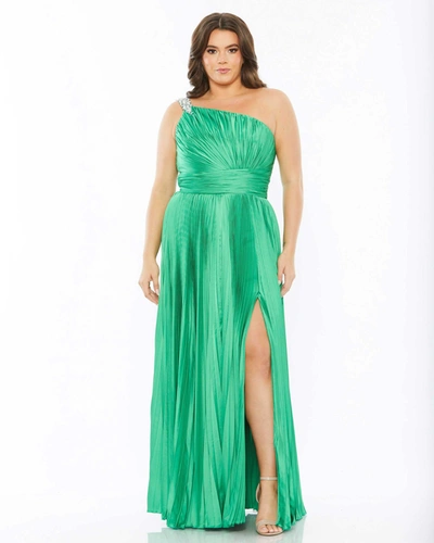 Shop Mac Duggal One Shoulder Embellished Pleated Sleeveless Gown In Spring Green