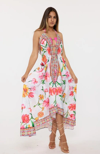 Ranee's Floral Halter Dress In White