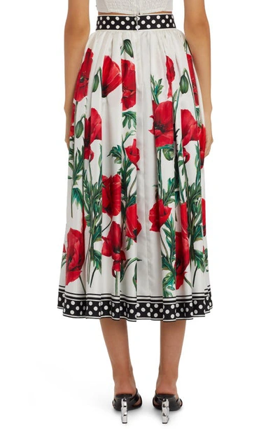Shop Dolce & Gabbana Poppy Print High Waist Silk Twill Midi Skirt In Natural White