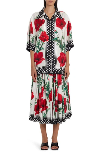 Shop Dolce & Gabbana Poppy Print High Waist Silk Twill Midi Skirt In Natural White