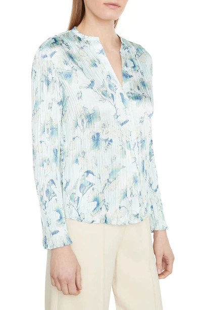 Shop Vince Floral Crushed Satin Blouse In Pale Lagoon