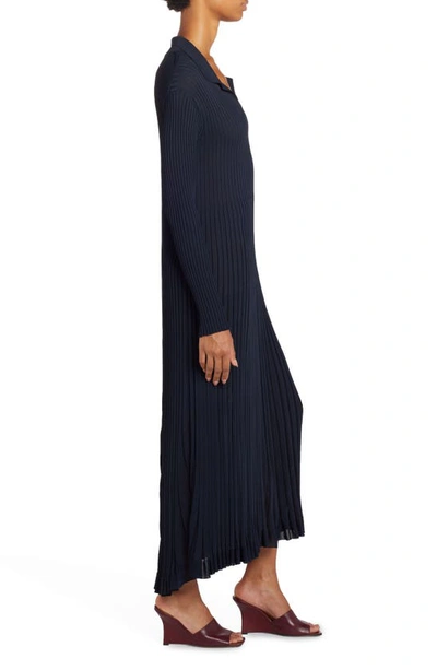 Shop Bottega Veneta Plissé Johnny Collar Long Sleeve Knit Midi Dress In Starry Night