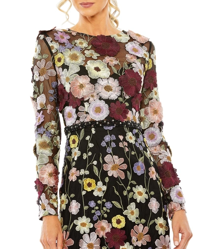 Mac Duggal Floral Embroidered Long Sleeve Cocktail Dress In Black Multi