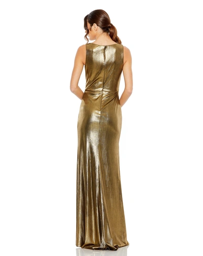 Mac Duggal Metallic Long-sleeve Asymmetrical Ruched Gown In Antique Gold