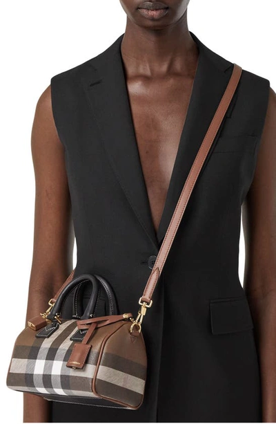 Burberry Womens Dark Birch Brown Chk Check-print Mini Woven And Leather Top-handle Bowling Bag